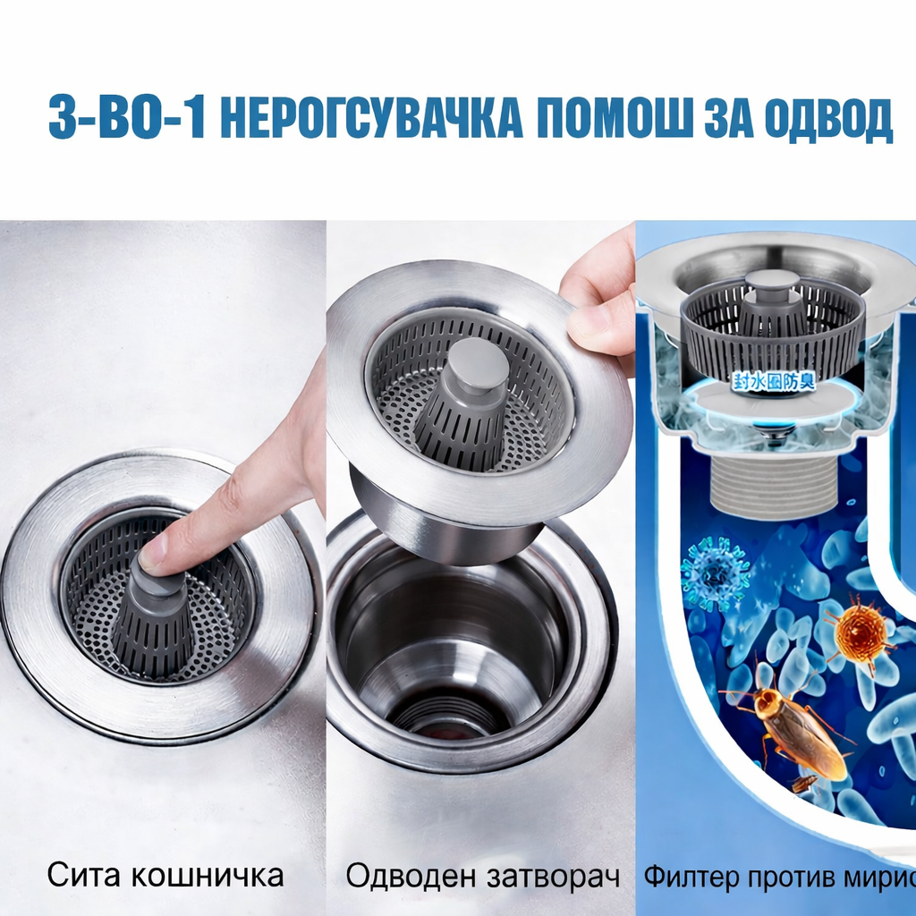 Одводен филтер 3-во-1 (нерѓосувачки челик)