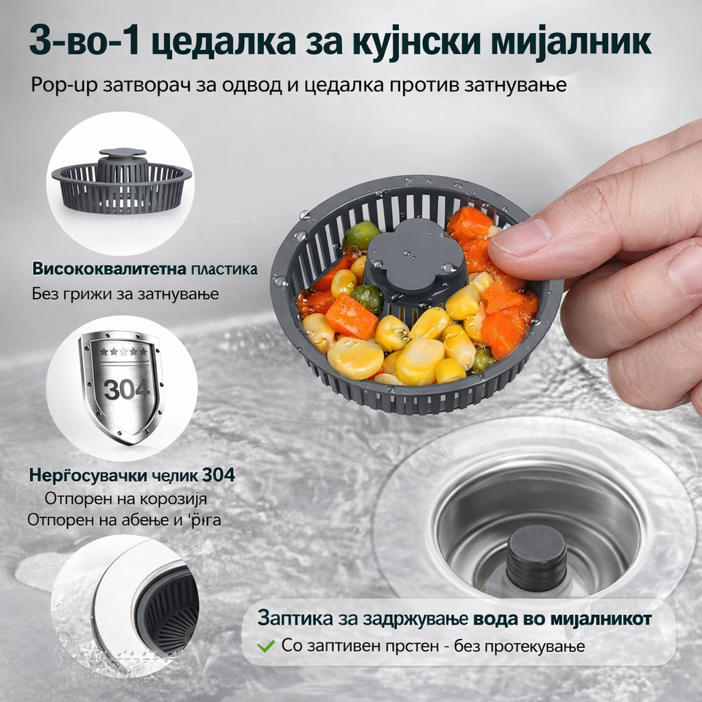 Одводен филтер 3-во-1 (нерѓосувачки челик)