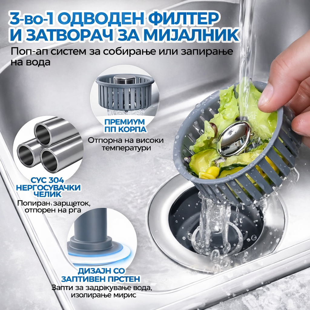 Одводен филтер 3-во-1 (нерѓосувачки челик)